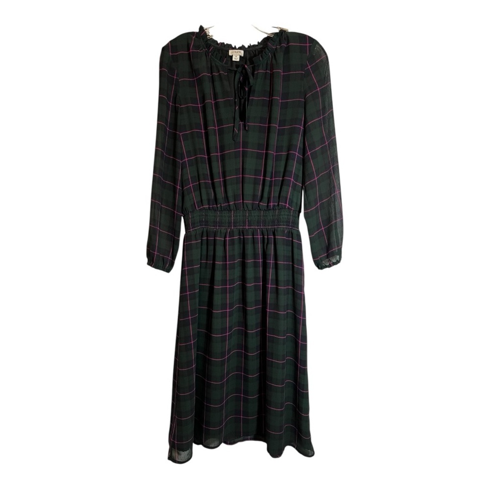 J Crew Factory Tartan Plaid Green Long Sleeve Smocked Waist Size Small
